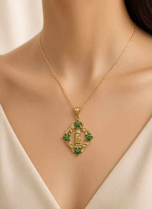 18k Gold-Plated Virgin Mary Green Flower Necklace