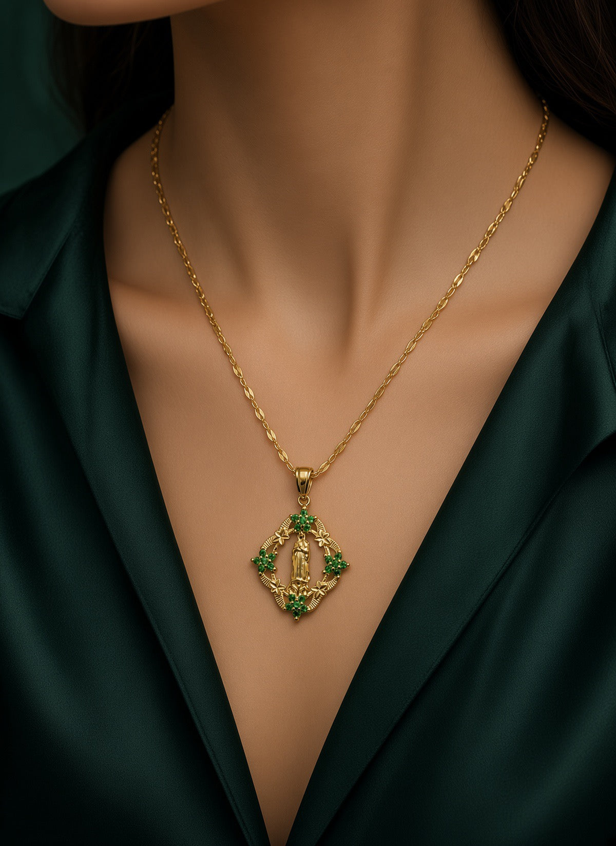 18k Gold-Plated Virgin Mary Green Flower Necklace