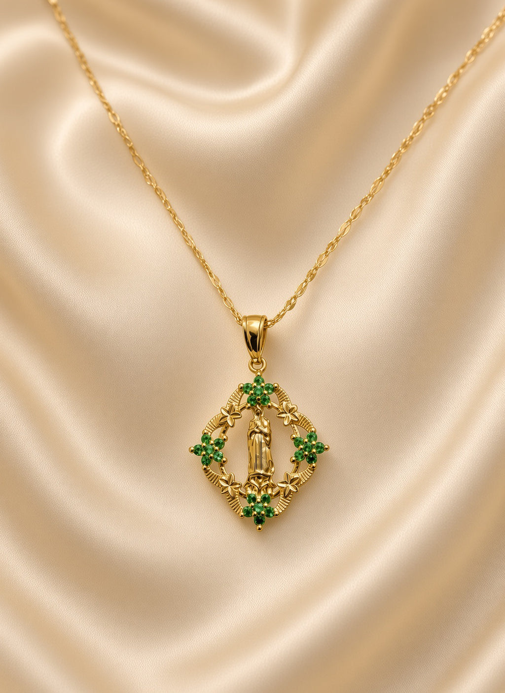 18k Gold-Plated Virgin Mary Green Flower Necklace