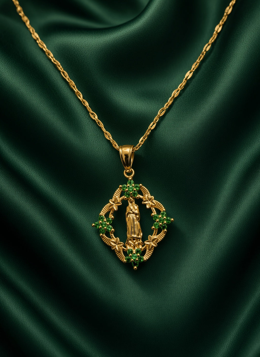 18k Gold-Plated Virgin Mary Green Flower Necklace