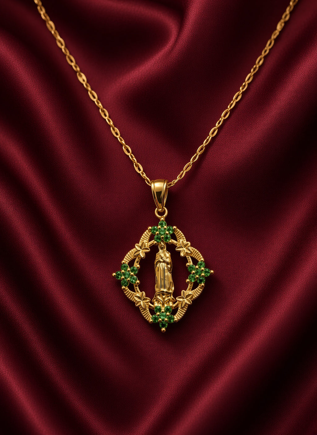 18k Gold-Plated Virgin Mary Green Flower Necklace
